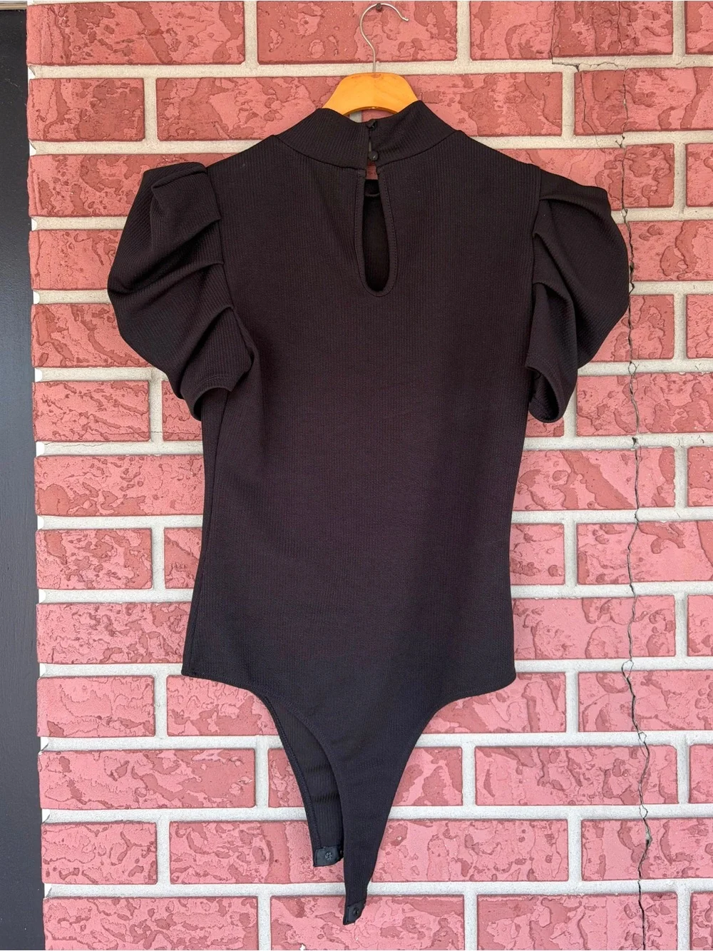 TCEC Black Puff-Sleeve Ribbed Bodysuit